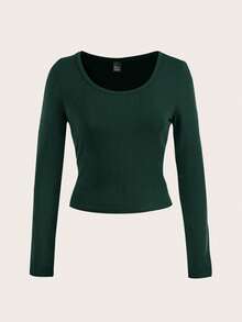 SHEIN EZwear Áo thun nữ cổ tròn tay dài ôm sát, màu xanh ô liu tối giản, thoải mái - Màu xanh lá cây đậm - Xem 4
