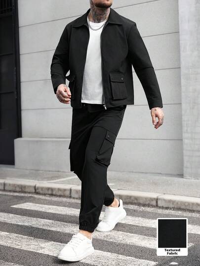 Manfinity CasualCool Men's Crinkle Fabric Solid Color Multi-Pocket Accordion Pocket Zipper Closure Suit, Suitable For Autumn And Winter, Fashionable Fit, Can Be Worn For Formal Or Casual Occasions, Men's Casual Vacation, Gathering, Stylish Street, Office, Home, Simple Versatile Design, Suitable For Self-Wear Or Gift To Friends Men Black Two Piece Set Men S Co Ord Set Sport Men Cargo Set
