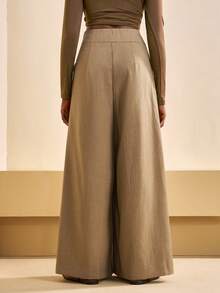 Zivah 2025秋冬新款休闲通勤宽松驼色亚麻材质不规则褶裥口袋高腰阔腿女裤，适合圣诞节、新年、日常出行、节日、购物、旅行、早午餐、机场穿搭、派对、约会、返校、休闲、背带裤等场合。 - 卡其色 - 查看 3