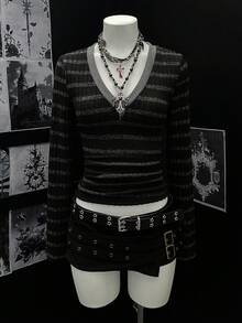 EgrlEra 女士休闲V领条纹修身短款长袖T恤 - 彩色 - 查看 3