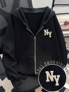 Resyla 女士黑色连帽衫，超大款 NY 字母刺绣抓绒连帽衫，休闲拉链连帽外套，优雅舒适的设计，休闲户外卫衣 - 黑色 - 查看 1