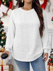 EMERY ROSE Plus Size Solid Color Round Neck Drop Shoulder Long Sleeve Loose Embossed Casual Sweatshirt/Winter Graphic