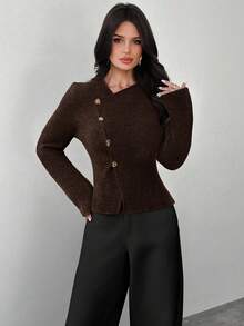 Firerie كنزة صوفية نسائية بياقة على شكل حرف V عميقة مزينة بأزهار، أزرار معدنية أمامية، أكمام طويلة، ملابس محبوكة للارتداء اليومي، وصول جديد للربيع والخريف والشتاء - بني - مشاهدة 9