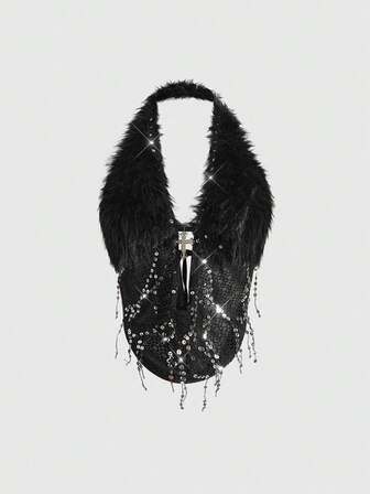 ROMWE Avant Top corto con escote en V profundo, sin mangas, con parches de lentejuelas y remaches, adecuado para fiestas de Año Nuevo