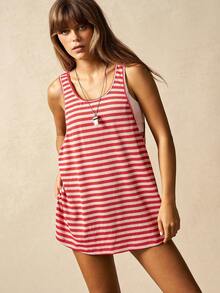 VARSIVA Red And White Striped Casual Sleeveless Backless Round Neck Sports Vest, With A Bow Tie At The Back, Suitable For Yoga, Sports, And Vacation Wear, Perfect For Spring And Summer. - Multicolor - View 5