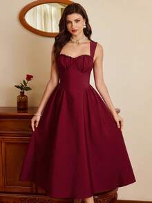 Vintamour 复古优雅女士连衣裙，带口袋，抹胸设计，褶皱花边下摆，休闲度假派对连衣裙，冬季连衣裙，女士冬季服装，女士冬季连衣裙，女士夏季服装，女士圣诞节服装，圣诞连衣裙，圣诞派对连衣裙，新年连衣裙，女士新年夜连衣裙，女士新年服装，新年服装，优雅派对连衣裙，优雅派对连衣裙，女士优雅连衣裙 - 酒紅色 - 查看 6