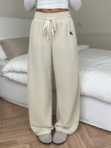 SHEIN EZwear Women's Knitted Embroidered Drawstring Waist Casual Wide Leg Sweatpants - Khaki - View 4