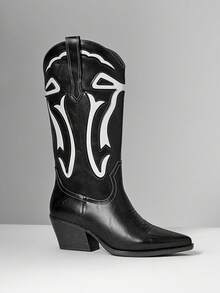SHUZIA Botas de vaquera occidentales con tacón grueso, punta afilada y bordado glamoroso para mujer - Negro - Ver 2