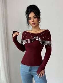Elenzga Elegant Romantic Knit Sweater For Women With Flared Cuffs, Bow, Pearl & Tassel Decor, Waist Cinched - Burgundy - View 6