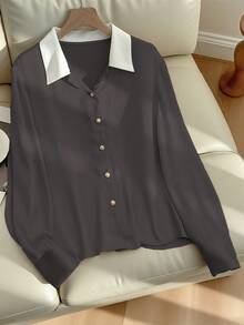 Franclia Elegant Fitted Front Button Down Collar Long Sleeve Gold Button Meteor Fabric Pink Women Blouse, Spring/Autumn