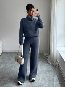 Elenzga Conjunto de dos piezas de suéter de punto de manga larga holgado y pantalones de color camello elegante y casual, adecuado para ir al trabajo, otoño/invierno - Azul - Ver 5