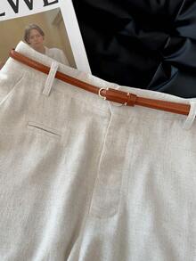 SHEIN Frenchy Quần short nữ dáng rộng, màu trơn, ống rộng, kiểu dáng thường ngày, chất liệu vải lanh, quần short công sở tối giản, màu kem, thanh lịch, cạp cao, thích hợp cho mùa đông, phong cách thường ngày, đi ăn sáng, phù hợp cho cả đi chơi và nghỉ mát, mùa xuân/thu, phong cách Pháp. - Màu be - Xem 5