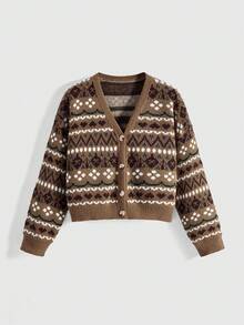 ROMWE Fairycore Große Größen Retro Blumenmuster Braun Gestrickter Cardigan