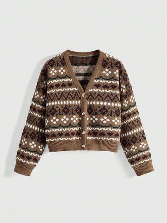 Fairycore Cardigan tricoté à motif floral rétro marron grande taille