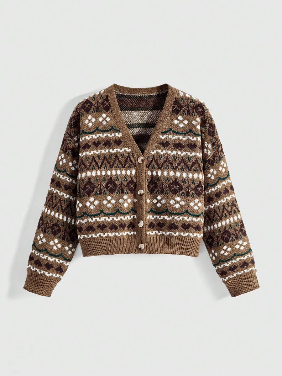 ROMWE Fairycore Große Größen Retro Blumenmuster Braun Gestrickter Cardigan