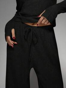 MISSGUIDED Knit Two Piece Lounge Set V Neck Long Sleeve Top Wide Leg Drawstring Pants Comfortable Casual Loungewear - Black - View 3