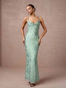 Lumalex 花卉3D丝绒吊带露背金属链装饰修身美人鱼连衣裙 - 薄荷綠 - 查看 5