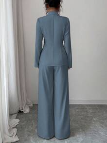 Elenzga 女士酒红色纯色厚面料V领西装外套，撞色纽扣假口袋设计，教师制服优雅专业套装，适合感恩节、万圣节、圣诞节、旅行、正式场合、会议、秋季两件套 - 藍色 - 查看 2