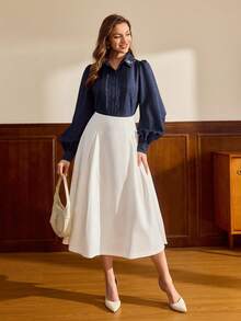 Vintamour Vintage Classic Elegant Women's Embroidered Collar Fitted Long Sleeve Shirt, Navy Blue