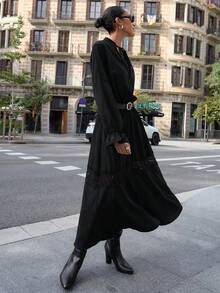 Maija 女士纯色系带领休闲长袖连衣裙 - 黑色 - 查看 7