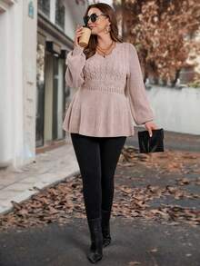 Reflora Plus Size Women Arched V-Neck Long Sleeve Ruffle Hem Pullover Sweater, Autumn/Winter - Pink - View 6