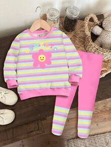 SHEIN Happikins 可爱彩色条纹套头衫，甜美花朵图案，粉彩色系运动套装，柔软厚实的圆领长袖卫衣和打底裤套装，适合女宝宝，秋冬季户外休闲街头风，复古百搭，舒适透气，秋季叠穿，女宝宝图案服装，秋冬服装，2000年代风格，Y2K服装，韩版风格 - 彩色 - 查看 2