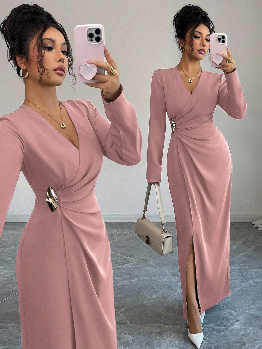 Elenzga Women's Solid Color Overlap V-Neck Long Sleeve Waist Ruched Metal Decor Elegant Dress - Dusty Pink - View 1