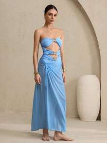 Swim Oasis Conjunto de dos piezas de traje de baño elegante azul con decoración de mariposa metálica de 3 niveles, nudo retorcido, falda azul y azul bebé. Conjunto de playa para mujer de moda azul bebé - Azul - Ver 11