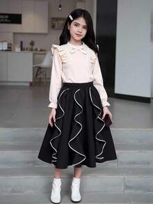 SHEIN Girls 2-Piece Long-Sleeve Shirt & Black Skirt Set For Autumn School,Back-To-School,Ruffled Shoulder,Pearl Bow Details,White Wave Pattern,Retro Charm - Black and White - View 1