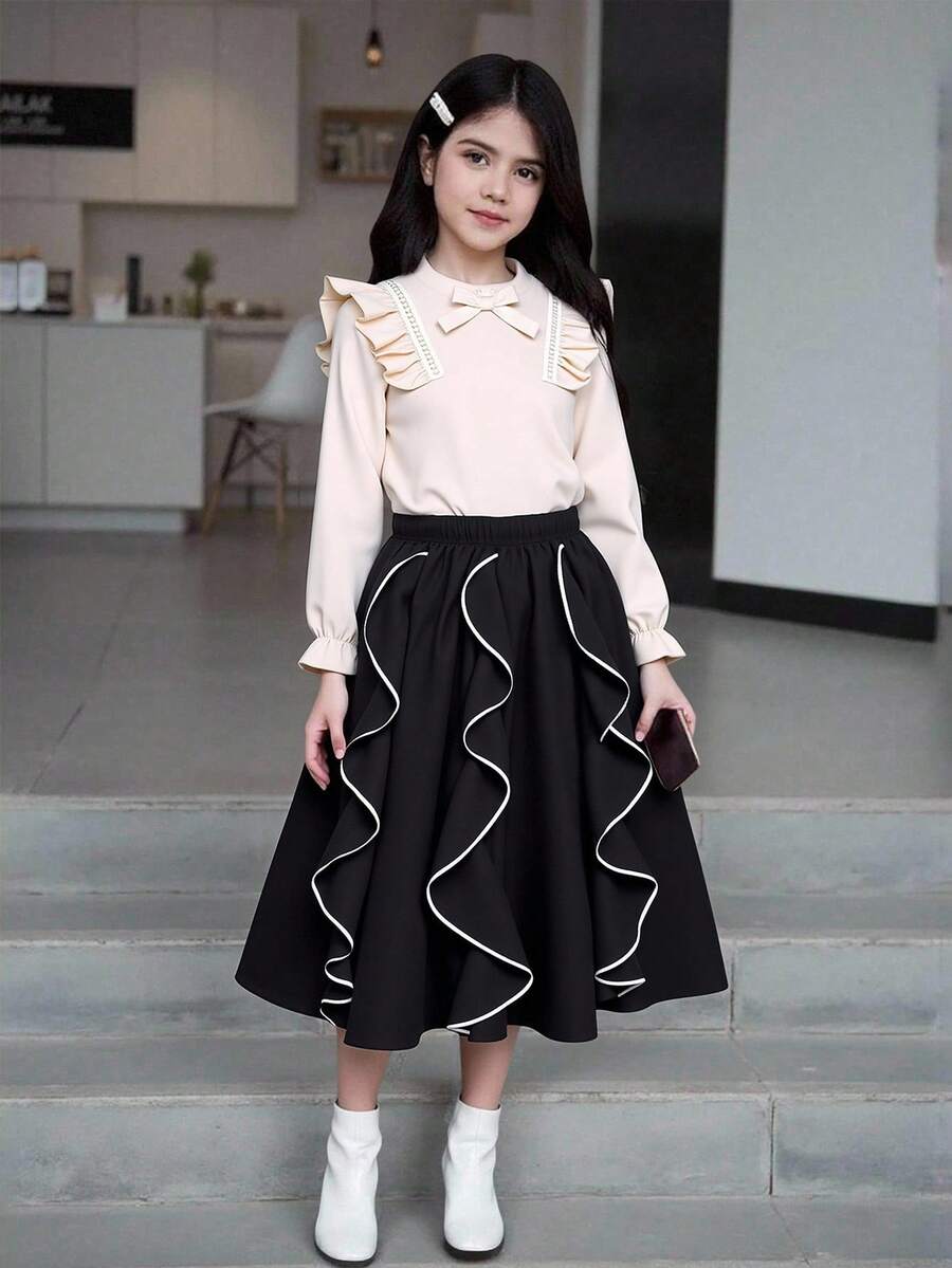 SHEIN Girls 2-Piece Long-Sleeve Shirt & Black Skirt Set For Autumn School,Back-To-School,Ruffled Shoulder,Pearl Bow Details,White Wave Pattern,Retro Charm - Black and White - View 1