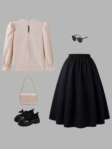 SHEIN Girls 2-Piece Long-Sleeve Shirt & Black Skirt Set For Autumn School,Back-To-School,Ruffled Shoulder,Pearl Bow Details,White Wave Pattern,Retro Charm - Black and White - View 2