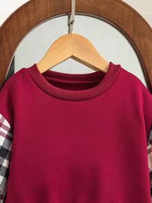 SHEIN Young Girl Casual Plaid Patchwork Sweatshirt - Burgundy - View 5