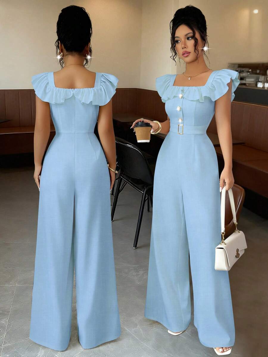Elenzga Nuovo tuta da donna con colletto quadrato, volant, finta patta, decorazione con cintura e bottoni, elegante per uso quotidiano e spostamenti, snellente, vita alta - celeste - Visualizzare 1