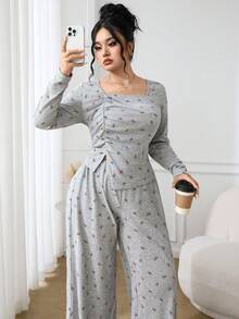 Feyla Plus Size Square Neck Long Sleeve Ruched Asymmetrical Hem Casual Comfortable 2 Pieces Set - Rust Brown - View 1