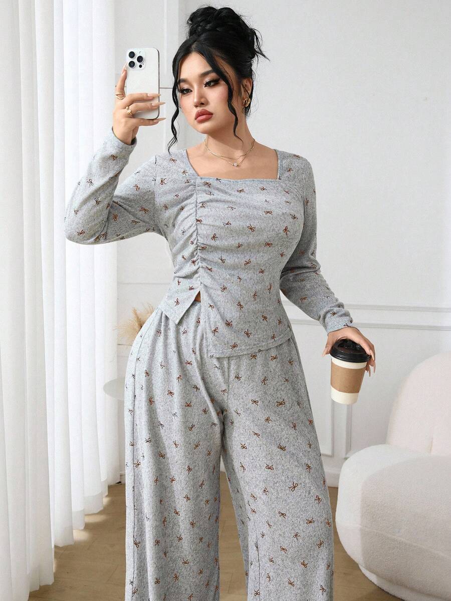 Feyla Plus Size Square Neck Long Sleeve Ruched Asymmetrical Hem Casual Comfortable 2 Pieces Set - Rust Brown - View 1