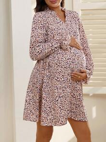 SHEIN Printed V-Neck Casual Long Sleeve Loose Maternity Dresses - Multicolor - View 6