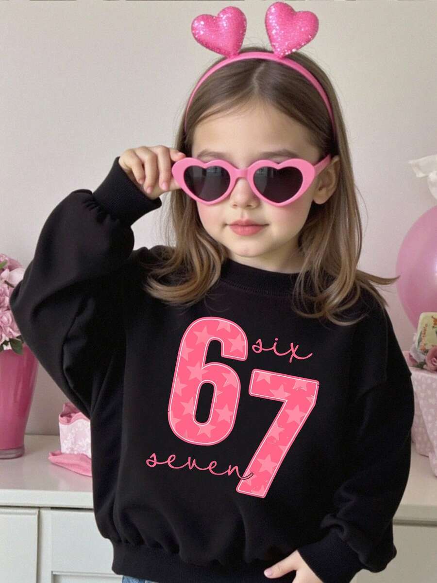 Young Girl Cozy Fall & Winter Styles Casual Fashion Creative Personalized Fresh Simple Cute Number 67 Pentagram Letter Slogan Graphic Print Comfortable Pullover Sweatshirt, Suitable For Autumn/Winter - Black - View 1