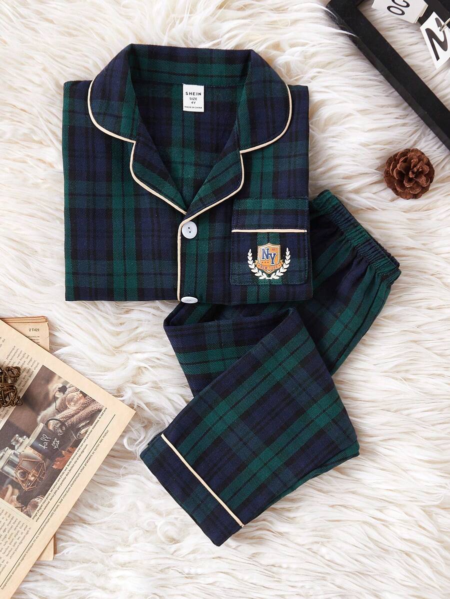 2pcs Young BoyCasual Classic Plaid Shirt & Pants Set, Homewear Boys Plaid Pj Set