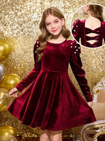 SHEIN Vestido elegante y lindo con decoración de moño 3D en la espalda para niña preadolescente, vestido elegante y sencillo casual con perlas falsas, para Navidad, uso en fiestas, vestido de cumpleaños, vestido de princesa, vestido navideño para niñas, disfraces para niñas preadolescentes