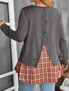 EMERY ROSE Femmes grande taille Automne/Hiver Campagne Décontracté Vacances Col rond Manches longues Top T-shirt à carreaux gris patchwork Conception dos, Automne/Hiver, Sortie, 2025 Nouveau, Simple et pour un port quotidien, Noël pour femmes, Nouvel An, Hiver pour femmes, Thanksgiving pour femmes - Gris - Voir 5