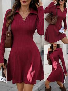 EMERY ROSE Váy dài tay ôm sát dệt kim họa tiết màu đỏ tía dành cho nữ, ấm áp cho mùa thu/đông - Màu Đỏ Sâu - Xem 1