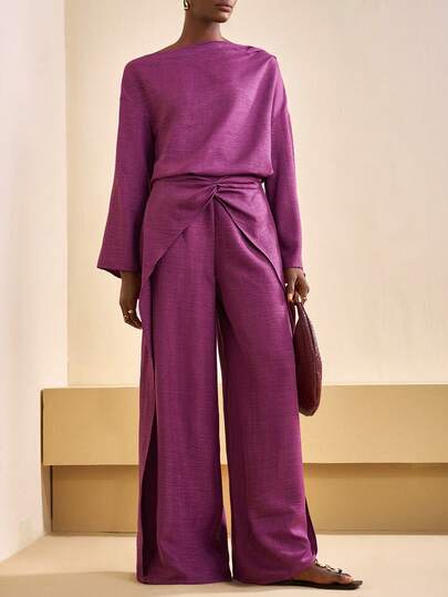 Zivah Conjunto de 2 piezas de blusa holgada con mangas acampanadas y hombros fruncidos + pantalones holgados con detalle de nudo delantero, color morado, estilo versátil básico, casual, para uso diario, fiesta, cita, cumpleaños, universidad, viaje de crucero, elegante, oficina, minimalista, para mujer
