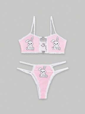 Kawaii Cute Rabbit Heart Decor Contrast Trim Lingerie Set