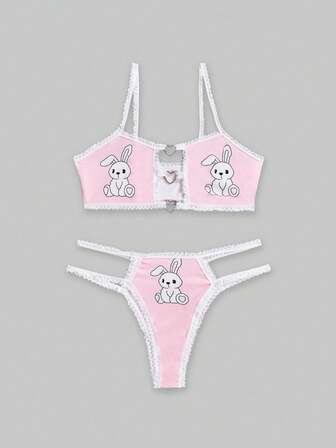 Kawaii Cute Rabbit Heart Decor Contrast Trim Lingerie Set