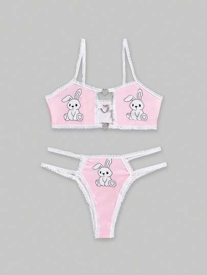 Kawaii Cute Rabbit Heart Decor Contrast Trim Lingerie Set