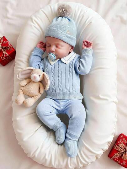 SHEIN 新生儿撞色长袖毛衣和针织裤休闲套装