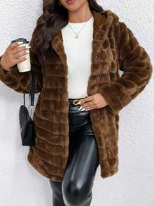 SHEIN Clasi Giacca con cappuccio in pelliccia sintetica di lusso casual per donne taglie forti