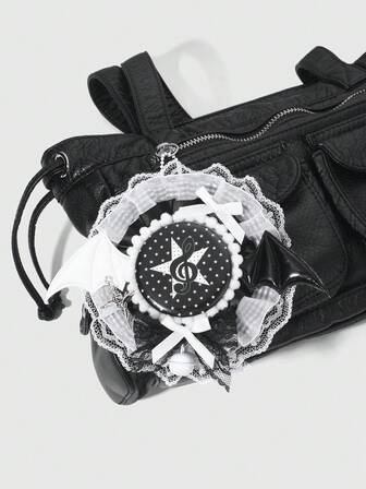 Anime 1pc Y2K Goth Style Vintage Fashion Edgy Cute Baddie High-Quality Punk Cross/Polka Dot Star/Music Note Paw Print Bow Brooch Pin, Black & White Lace Trim Plaid Glossy Mesh Leather Angel Devil Wing Rose Thorn Cross Ribbon Bow Bell