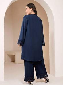 Veilorie Plus Size Women's Solid Color V-Neck Long Sleeve Elegant Lace Patchwork Arabic Style Set