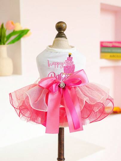 PETSIN 1pc Pet Dress, Embroidered Happy Birthday Puppy Dress, Cats And Dogs Wear Princess Style Fluffy Dresses With Bow Decorations On Dog Clothes